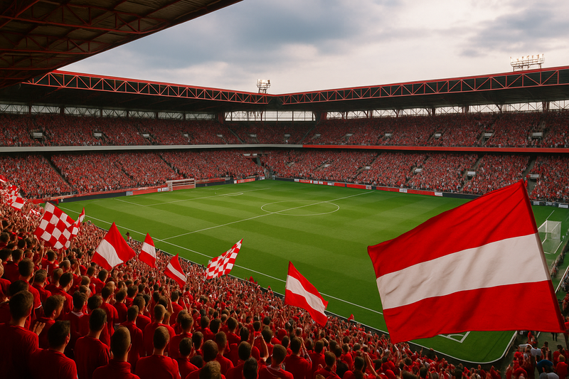 Een stadion in rood-witte sfeer